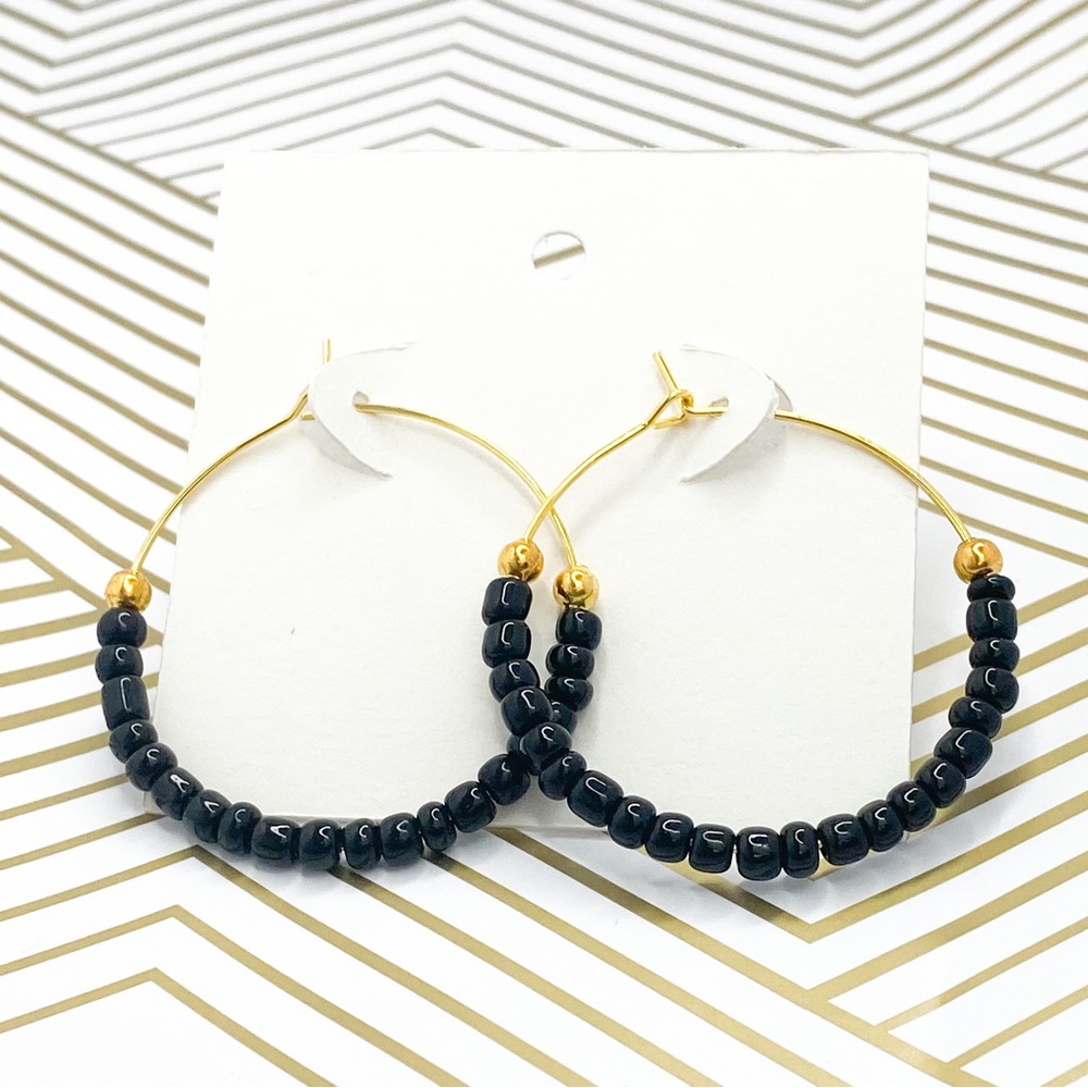 Gold earrings black beaded hoops